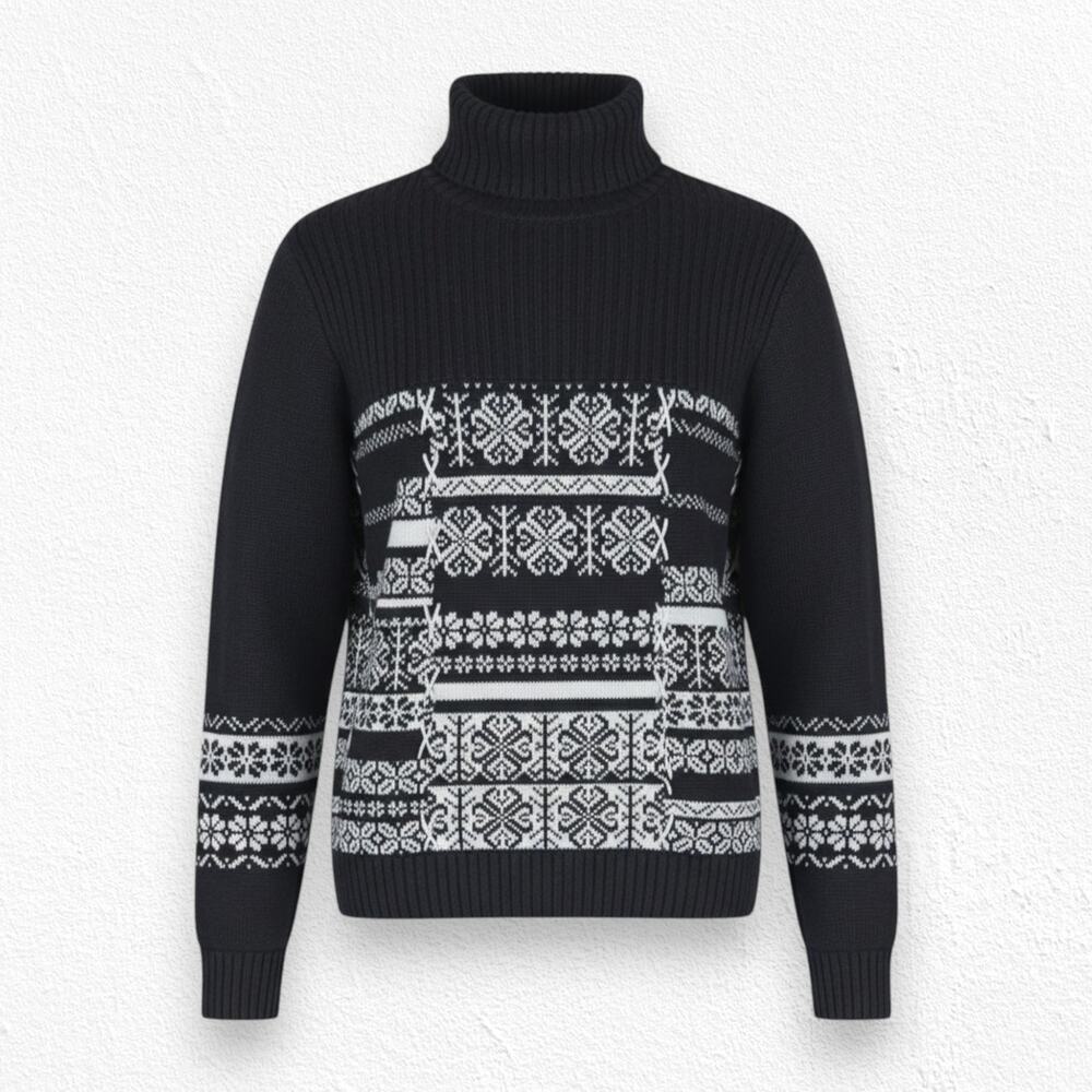 Y2K Black White Faux Patchwork Fair Isle Heavy Knit Turtleneck Sweater Size XL